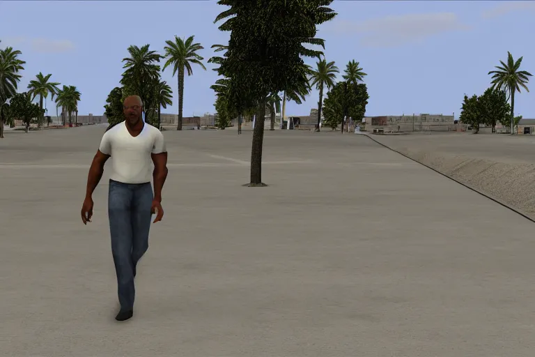 Prompt: carl johnson walks down the runway, renderware engine