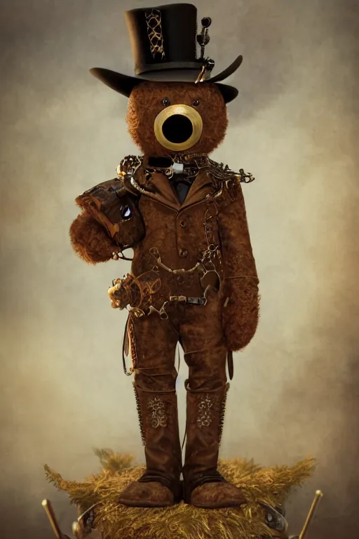 Prompt: anthropomorphic teddy bear as a steampunk cowboy, intricate, elegant, highly detailed, digital painting, artstation, concept art, smooth, sharp focus, contemporary fashion shoot, by edward robert hughes, annie leibovitz and steve mccurry, david lazar, jimmy nelsson, hyperrealistic, octane render