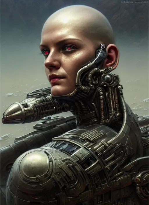 Image similar to closeup portrait shot of a cyborg soldier in a scenic dystopian environment, intricate, elegant, highly detailed, centered, digital painting, artstation, concept art, smooth, sharp focus, illustration, artgerm, tomasz alen kopera, peter mohrbacher, donato giancola, joseph christian leyendecker, wlop, boris vallejo