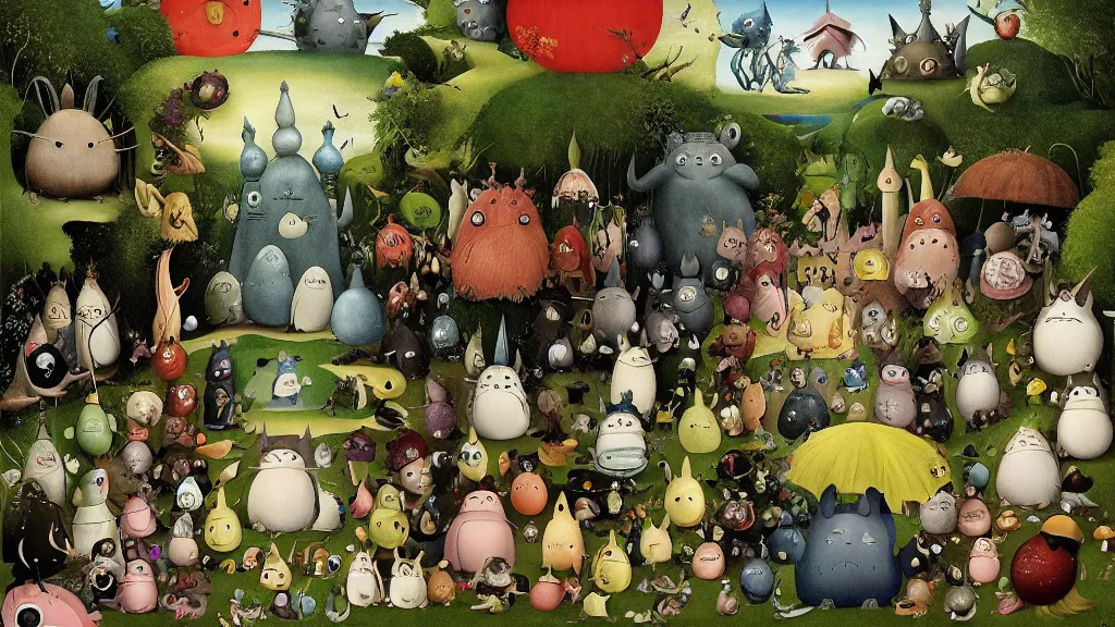 Prompt: garden of earthly delights by studio ghibli. totoro. digital painting. digital render. hieronymus bosch