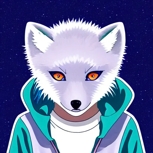 Image similar to key anime visual portrait of an anthropomorphic arctic fox fursona in a hoodie, handsome, official modern anime art