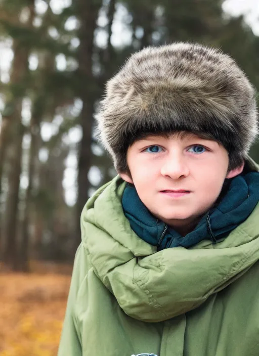 Image similar to portrait photo still of real life young stan marsh wearing a green trapper hat, 8 k, 8 5 mm, f. 1 4