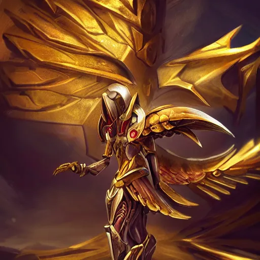 Image similar to cinematic, hyperdetailed league of legends azir armor metroid ravenbeak fanart gold armored bird wings regal gold sunray shaped crown, warframe, destiny, octane