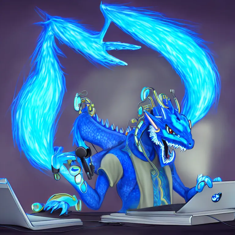 Image similar to an anthropomorphic male blue dragon making music on his laptops wearing headphones, deviantart, furry art, highly detailed, 8k