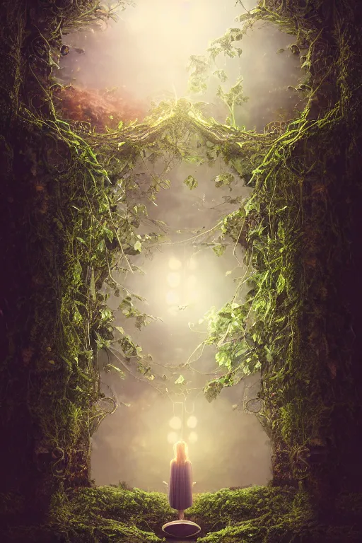 Prompt: book cover artwork!!!, ivy on the right side and left side, high quality fantasy stock photo, unsplash transparent, forest and moon, intricate detail, elegant, hyper realistic, ultra detailed, octane render, volumetric cinematic lighting, 8 k post - production