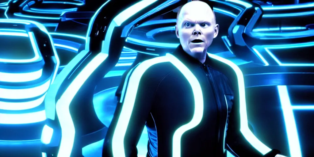 Image similar to a film still of Bill burr in Tron, high quality