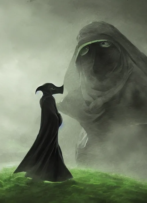 Prompt: a highly detailed illustration of plague doctor mask wearing woman, wearing black robe, eerily floating with cape in the wind pose, surrounded by green mist background, intricate, elegant, highly detailed, centered, digital painting, artstation, concept art, smooth, sharp focus, league of legends concept art, WLOP