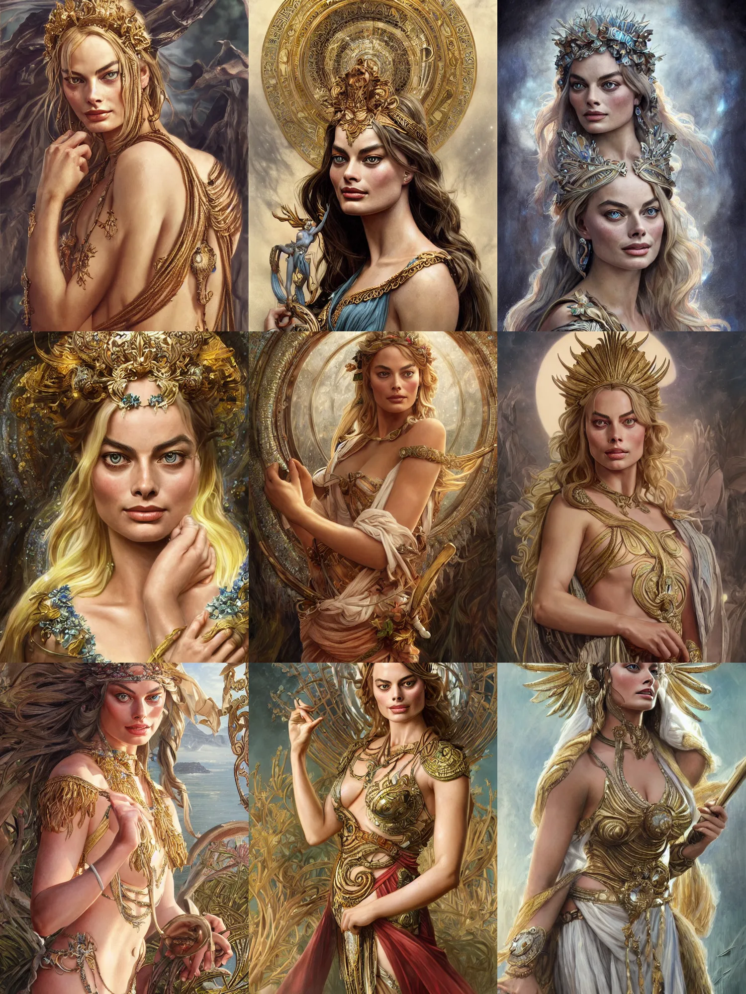 Prompt: Margot Robbie as a Greek Goddess, cute, fantasy, intricate, elegant, highly detailed, digital painting, 4k, HDR, concept art, detailed jewelry, smooth, sharp focus, illustration, art by Artgerm and H R Giger and Greg Rutkowski and Alphonse Mucha