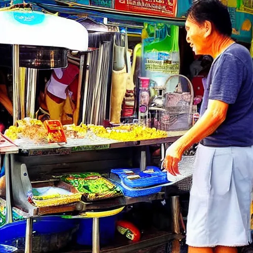 Image similar to an old male hawker at a stall in Singapore selling fishbeer