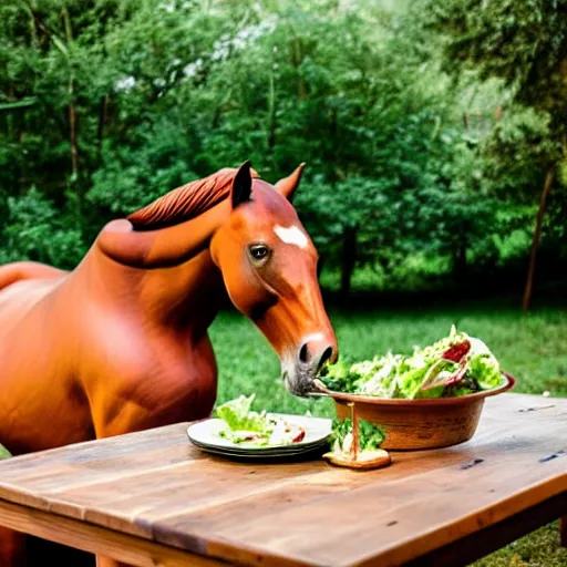 Image similar to a large humanoid horse sitting at a rustic table eating a small side salad