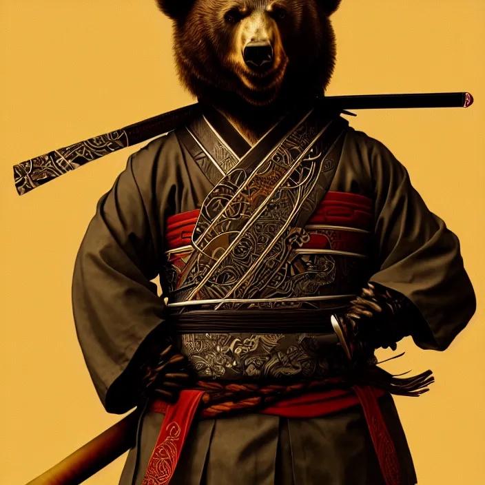 Image similar to anthropomorphic samurai bear, diffuse lighting, fantasy, intricate, highly detailed, lifelike, photorealistic, digital painting, artstation, illustration, concept art, smooth, sharp focus, art by alphonse mucha