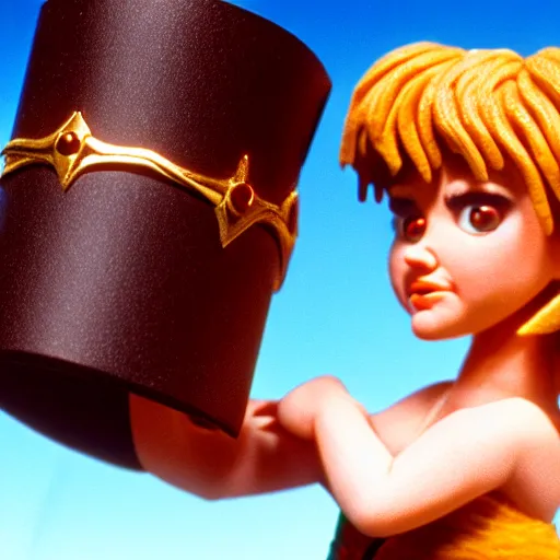 Image similar to a cinematic film still of a claymation stop motion film starring young lucy lawless as xena warrior princess holding giant ring, brunette hair, shallow depth of field, 8 0 mm, f 1. 8