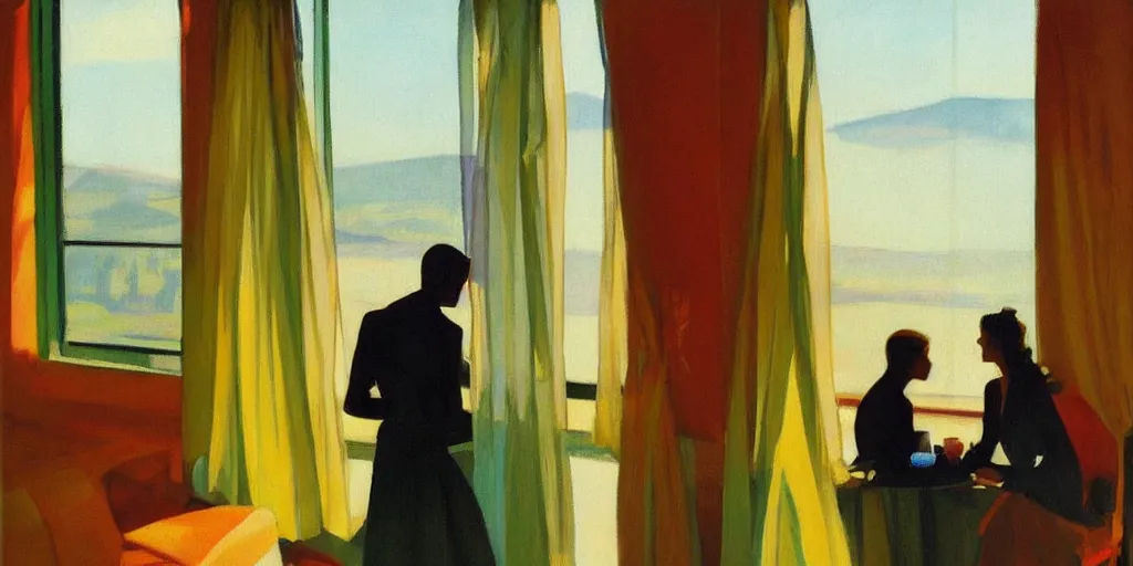 Prompt: a couple talking in a hotel room by the window, colorful, morning sunlight, by edward hooper