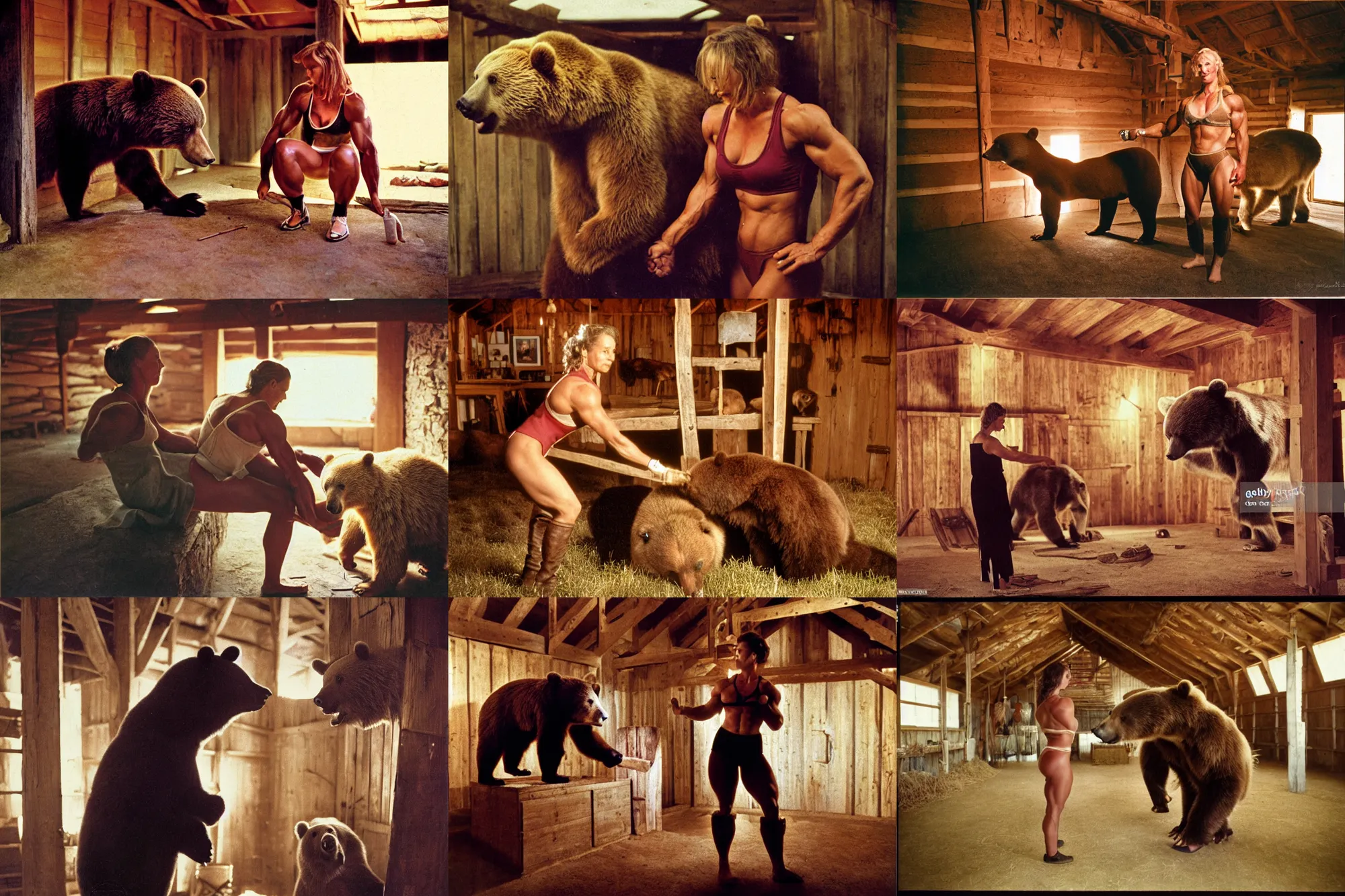 Prompt: color photograph portrait of a muscular woman tending a bear in a barn. night, summer, warm lighting, 1 9 9 0 photographs from life magazine.