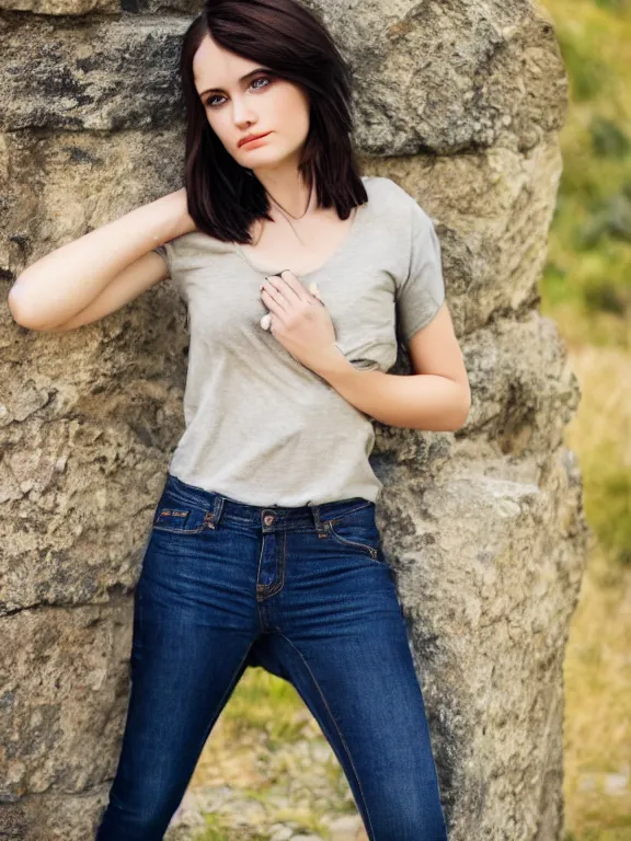Image similar to hyperdetailed photo of a beautiful ukrainian girl with brown eyes and dark bob hairstyle, winds of winter, with plain jeans and t - shirt