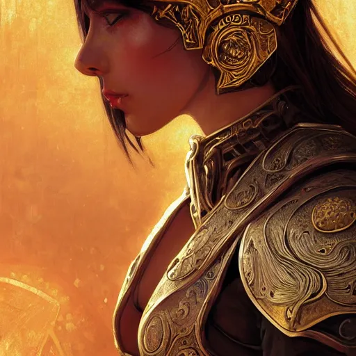 Image similar to portrait knights of Zodiac girl, metallic black and reddish color reflected armor, in ruined Agora of Athens, ssci-fi, fantasy, intricate, very very beautiful, elegant, golden light, highly detailed, digital painting, artstation, concept art, smooth, sharp focus, illustration, art by WLOP and tian zi and alphonse mucha