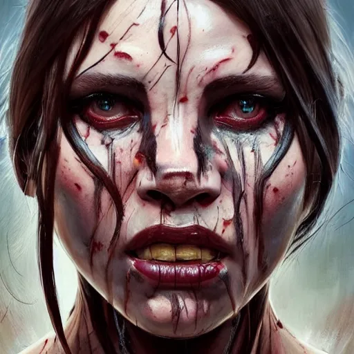 Prompt: portrait painting of a muscular bloodied tribal girl butcher, tattooed, symmetric, fat, ultra realistic, concept art, intricate details, eerie, highly detailed, photorealistic, octane render, 8 k, unreal engine. art by artgerm and greg rutkowski and alphonse mucha