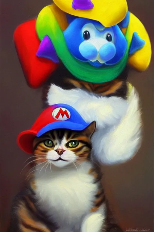 Prompt: A beautiful oil painting of a Cat wearing a Super Mario Hat, intricate, volumetric lighting, summer, hyperrealistic, colorful, hyperdetailed.