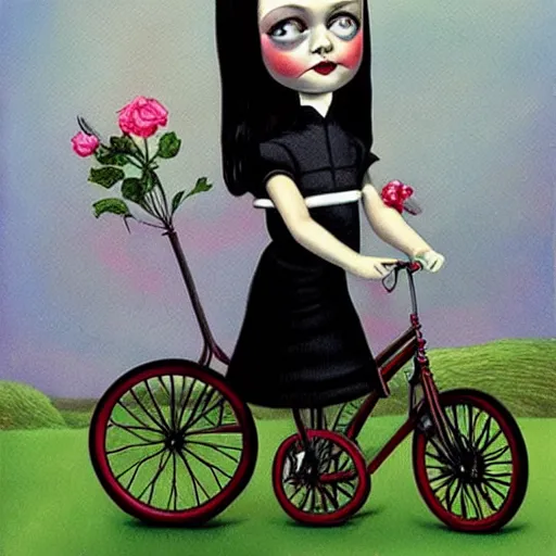 Prompt: Wednesday Addams on a tricycle, lowbrow painting by Mark Ryden