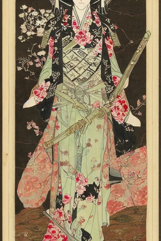 Prompt: full - bodied portrait, female changeling wearing rose - patterned eastern light armor, wielding a halberd with intricate decorations, sandals, barefoot, geisha mask, realistic proportions, reasonable fantasy, east asian fantasy.