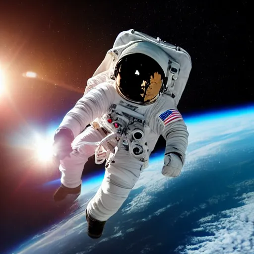 Prompt: a close up photo of an astronaut floating in space. you can see the reflection of the photographer in his helmet.