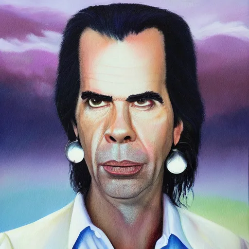 Image similar to a hyper realistic painting of nick cave floating in the sky above mountains