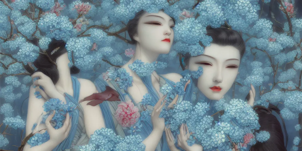 Prompt: breathtaking detailed concept art painting art deco pattern of japanese faces goddesses amalmation light - blue flowers with anxious piercing eyes and blend of flowers and birds, by hsiao - ron cheng and john james audubon, bizarre compositions, exquisite detail, extremely moody lighting, 8 k