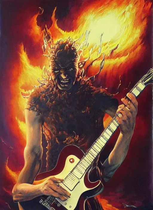 Prompt: vitalik buterin ( shredding on a gibson les paul, painting by frank frazetta, heavy metal artwork, bad motherfucker vitalik playing an incredible solo while a volcano erupts, high intensity ethereum marketing, 3 d 8 k )