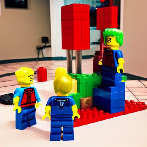 Prompt: a little boy lego minifigure with red hair builds a tower out of lego