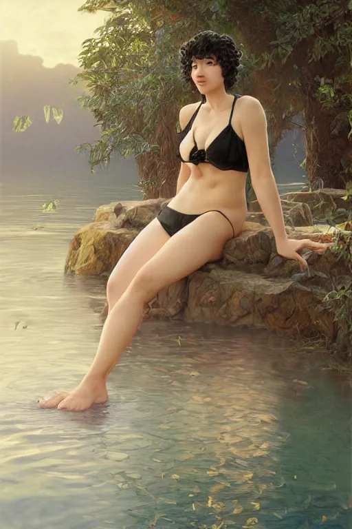 Image similar to beautiful cottagecore of a girl with short black curly hair, round face, cute face, wearing a bikini. Inside the water at a lake. intricate, elegant. highly detailed, digital painting, artstation, concept art, smooth, sharp, focus, illustration. art by artgerm and greg rutkowski alphonse mucha and Marat Safin