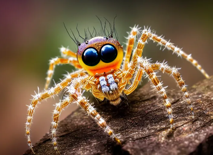 Image similar to super macro of a crystal spider with big eyes sitting on a flower, in the forest. Fantasy magic style. Highly detailed 8k. Intricate. Nikon d850 300mm. Award winning photography.