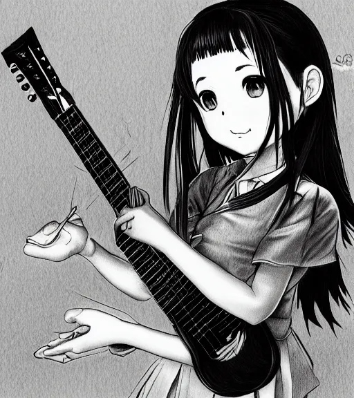 Prompt: a cute school girl portrait playing guitar on bedroom floor in detailed anime painting drawing style squareenix 3d unreal trending on artstation pixiv deviantart realistic hd frank Miller sorayama giger ito junji