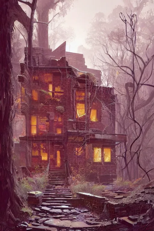 Image similar to (((((a ramshackle Manhattan brick brownstone deep in the forest))))) by Tim McBurnie!!!!!!!!!!!!!!!!!!!!!!!!!!!