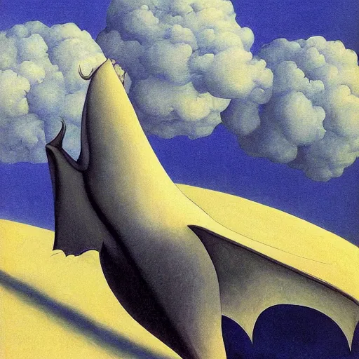Image similar to ! dream a giant bat over ocean floor, art by rene magritte - francois schuiten - ralph mc quarrie - jean giraud