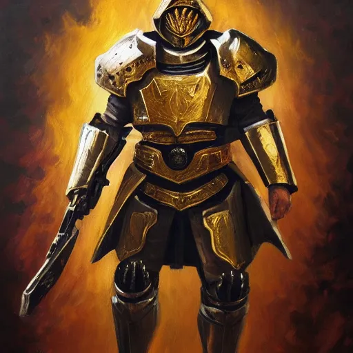 Prompt: man in white and decorated with gold doom slayer armor with kingdom of jerusalem insignia as oil painting