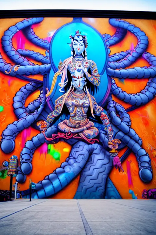 Image similar to epic graffiti mural of a 1000 arm Quan Yin , colorful and dynamic in the style of Hownosm and James Jean, ultimate collab, epic, unreal engine 5, coming to life popping out of the wall 3d,