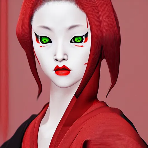 Prompt: young albino kitsune maiko in the style of hiroaki samura, unreal engine octane, red highlights, portrait,detailed,