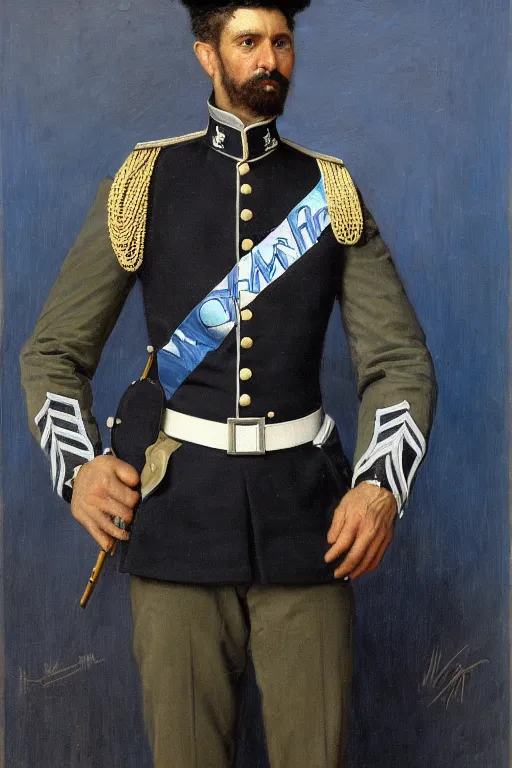Prompt: full body portrait of the dictator of the orlando magic, 1 8 8 9, in full military garb, magic blue, silver, and black, oil on canvas by william sidney mount, trending on artstation