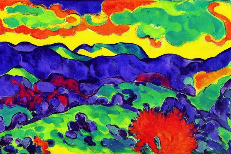 Image similar to Landscape painting. Wild energy patterns rippling in all directions. Curves, zig-zags. Organic. Mountains. Clouds. Vegetation. Rushing water. Waves. LSD. Fauvism. Emil Nolde.