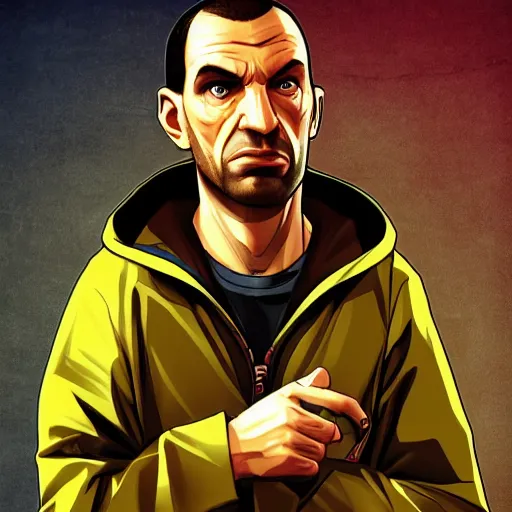 Image similar to Niko Bellic as a gta san andreas loading screen, by stephen bliss