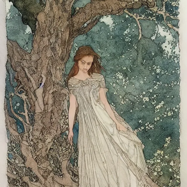 Prompt: a detailed, intricate watercolor and ink portrait illustration with fine lines, of a lovely, pretty, young alicia vikander in a dress reading under a gnarled tree, by arthur rackham and edmund dulac and mucha