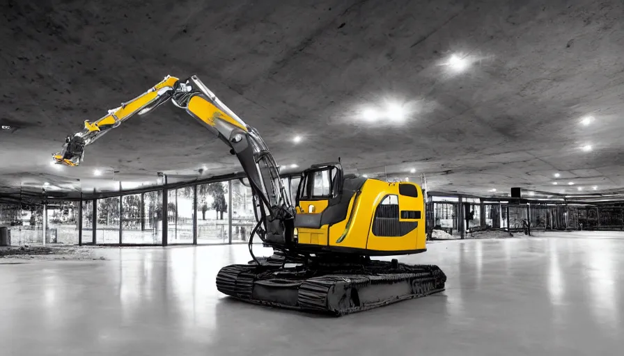 Image similar to extremely beautiful softly lit interior photo of futuristic construction equipment, excavator, backhoe, black, polished metal, gleaming, black and white corporate decals, polished concrete floor, sharp focus, clear focus, beautiful, award winning photo, extremely beautiful lighting, cinematic, modern, render, architectural, architecture, realistic, clear