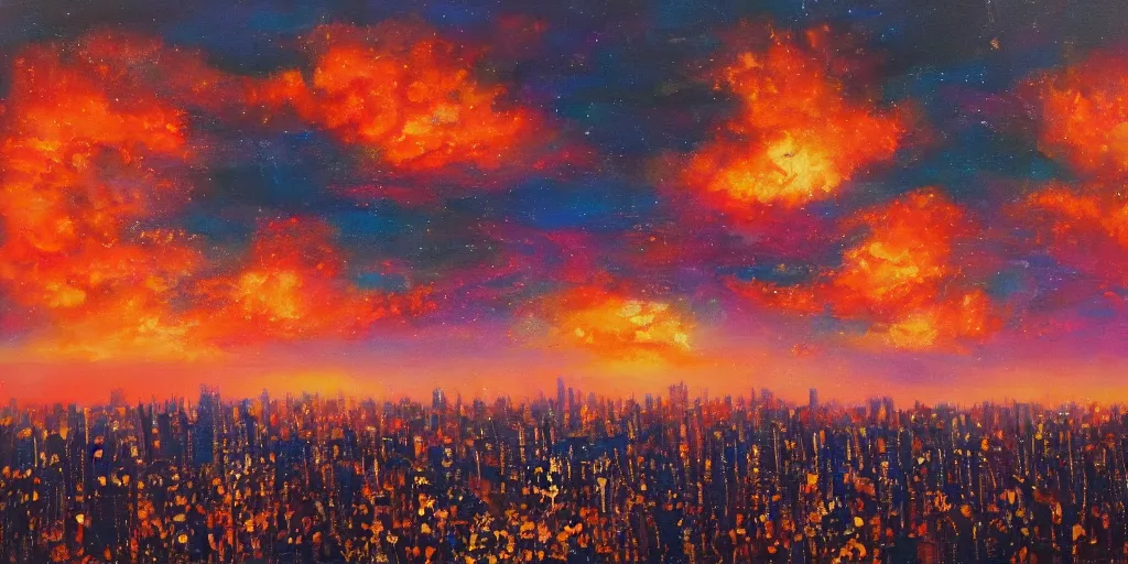 Prompt: landscape portrait of the night sky ablaze with mushroom clouds, over a city filled with skyscrapers, oil on canvas