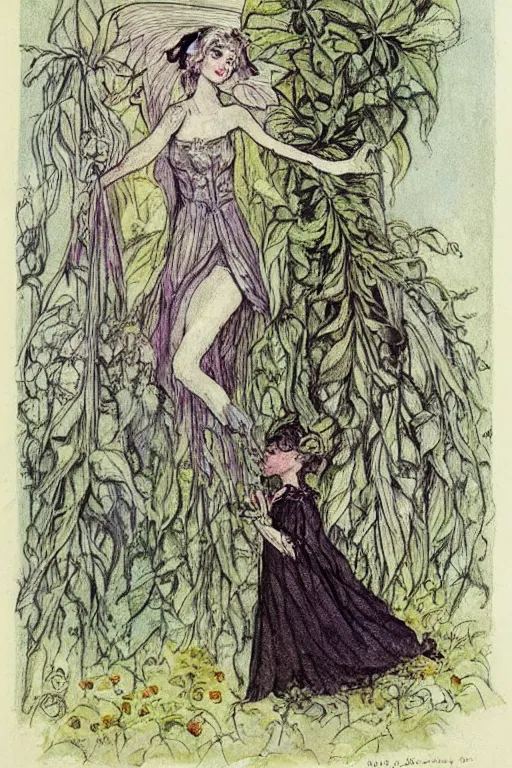 Prompt: dark gothic fairy wearing a gown posing with castor bean plant by Cicely Mary Barker