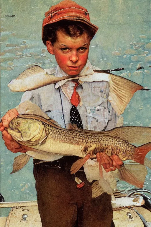 Prompt: a portrait painting of a fish. Painted by Norman Rockwell