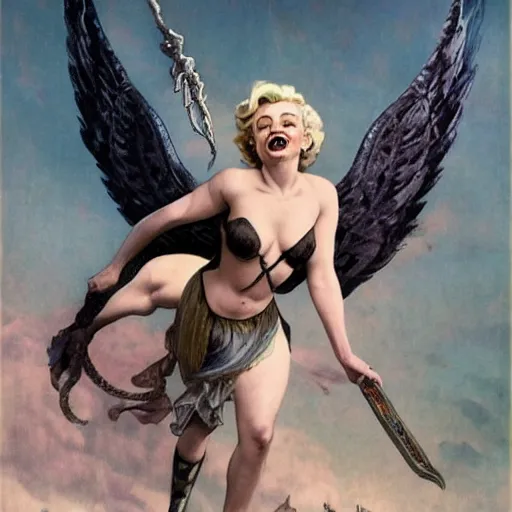 Prompt: an extremely detailed matte painting marilyn monroe as a terrifying valkyrie descending from valhalla on a pegasus, in the style of magic the gathering, 8 k, sharp focus, detailed face, art by john collier and albert aublet and krenz cushart and artem demura and alphonse mucha