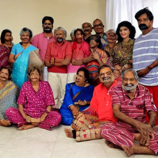 Image similar to south indian grandmothers and grandfathers having a pyjama party in space