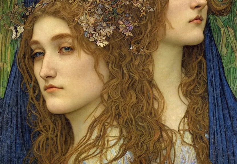 Image similar to detailed realistic beautiful young medieval queen face portrait by jean delville, alphonse mucha, vincent van gogh, and marco mazzoni, art nouveau, symbolist, visionary, gothic, pre - raphaelite