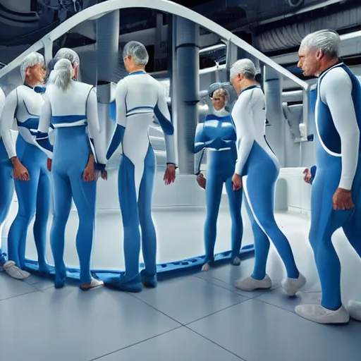 Prompt: group of weird athletic humans with light blue neoprene suits and white hair standing in tight formation on a conveyor belt, advanced futuristic laboratory, sci - fi, highly detailed, hyperrealistic