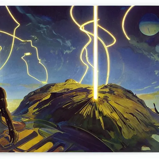 Image similar to sci - fi dreamy landscape. science fiction poster. cinematic sci - fi scene. symmetry. science fiction theme with lightning. epic. art by john singer sargent - akira toriyama - joaquin sorolla